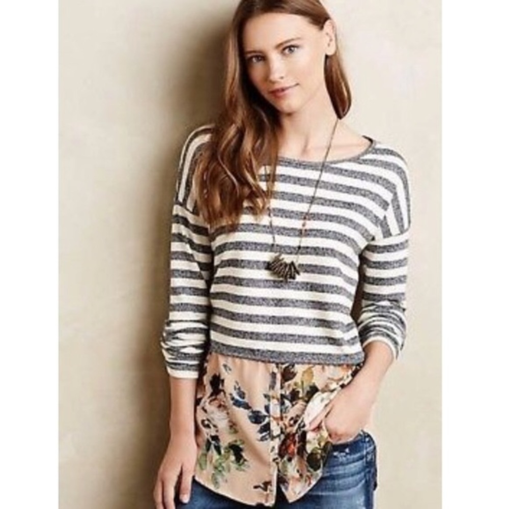 Anthropologie Postmark Striped Floral Sweater XS